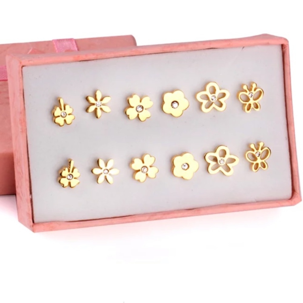GOLD  SPRING FLORAL Stainless Steel 6 Earrings SET